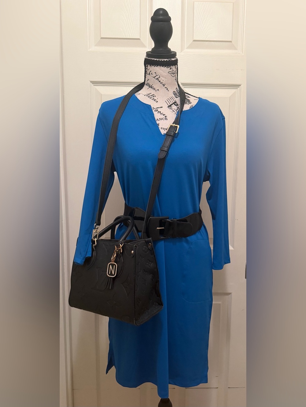 Sun Protection UPF Blue V-Neck Mini Dress with 3/4 Sleeves